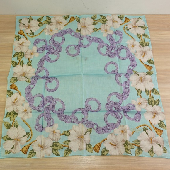 90s VTG CELINE Paris Handkerchief Blue Hibiscus Chain Link Scarf AUTH Luxe 20x19